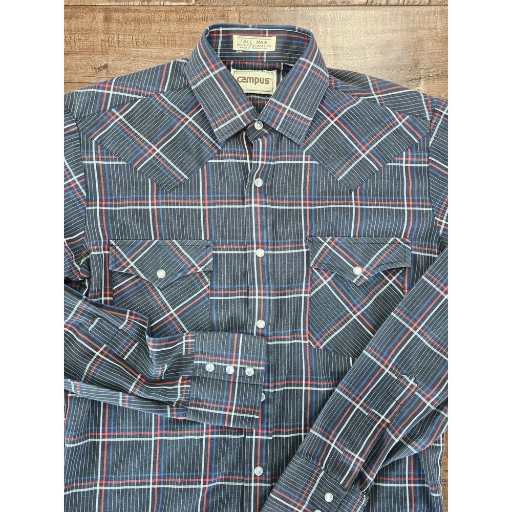 Vintage Campus Mens Tall Western Pearl Snap Shirt Plaid Navy Red White Medium
